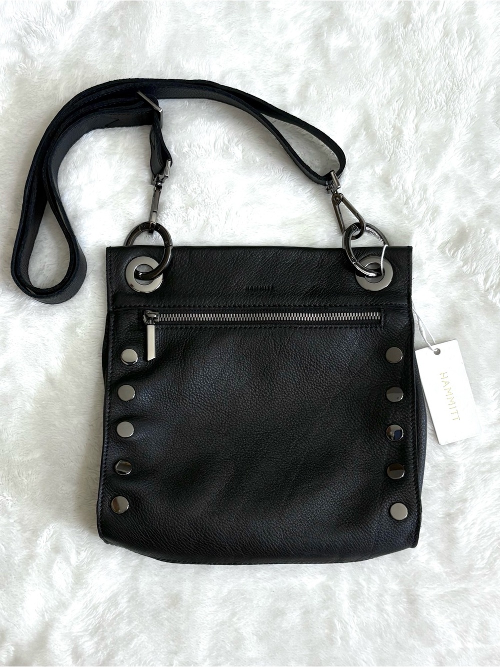 New Hammitt Tony Medium Black Pebbled Leather Crossbody with Gunmetal Accents